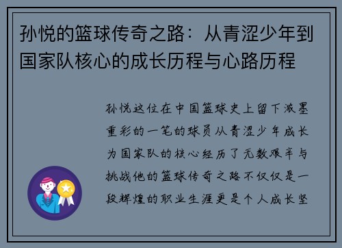 孙悦的篮球传奇之路：从青涩少年到国家队核心的成长历程与心路历程